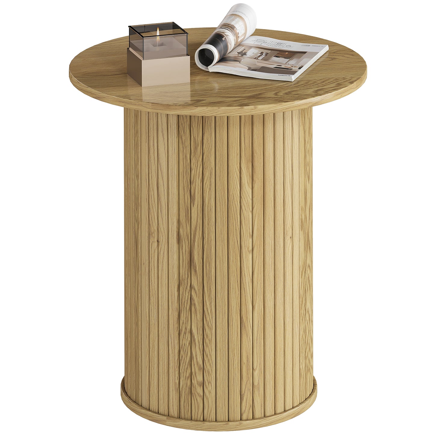 HOMCOM Round Fluted Side Table, Narrow Nightstand for Small Spaces, Oak Finish