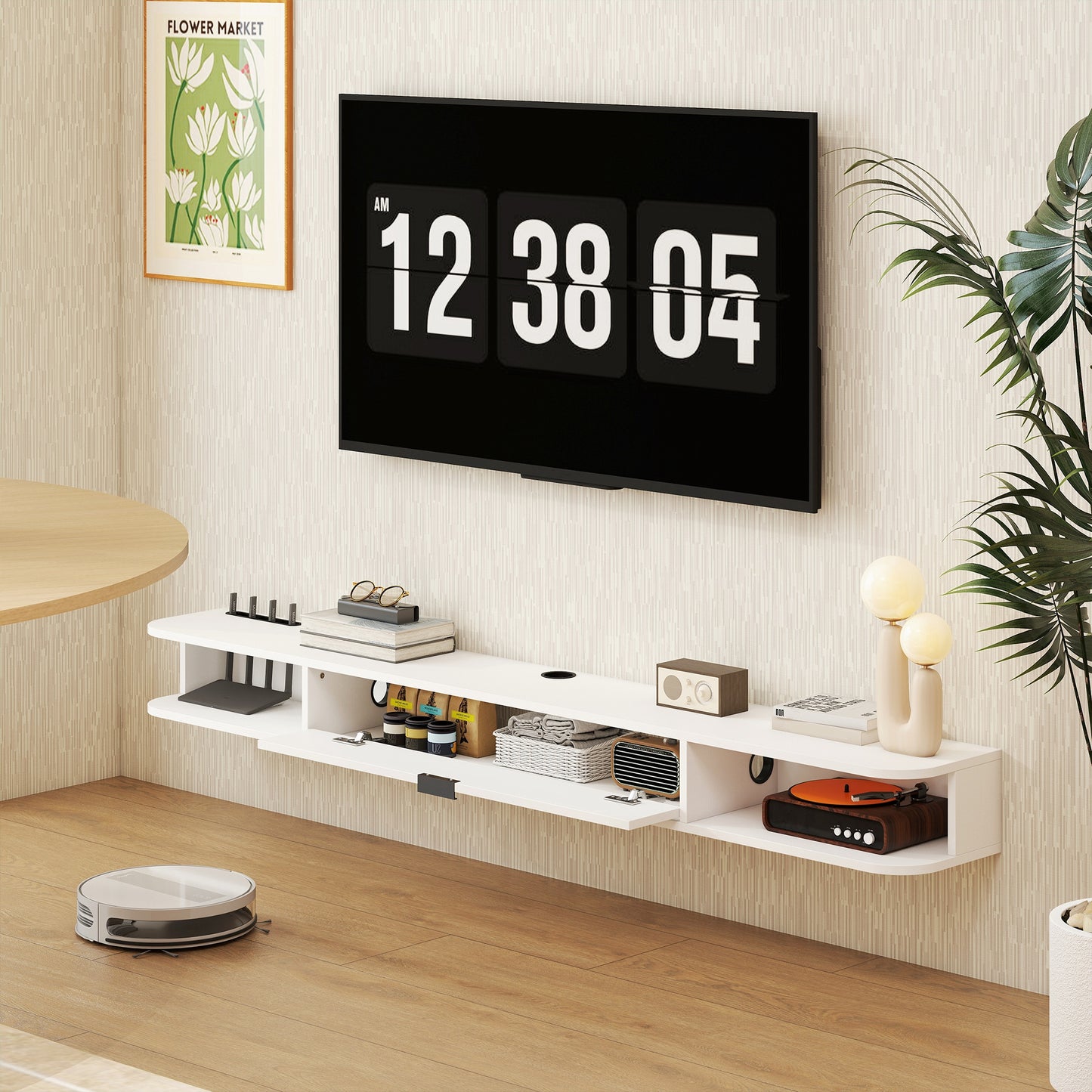 HOMCOM 71-inch Floating TV Stand Wall Mounted Media Console with Flip Drawer, 2 Open Shelves, White Wood Grain