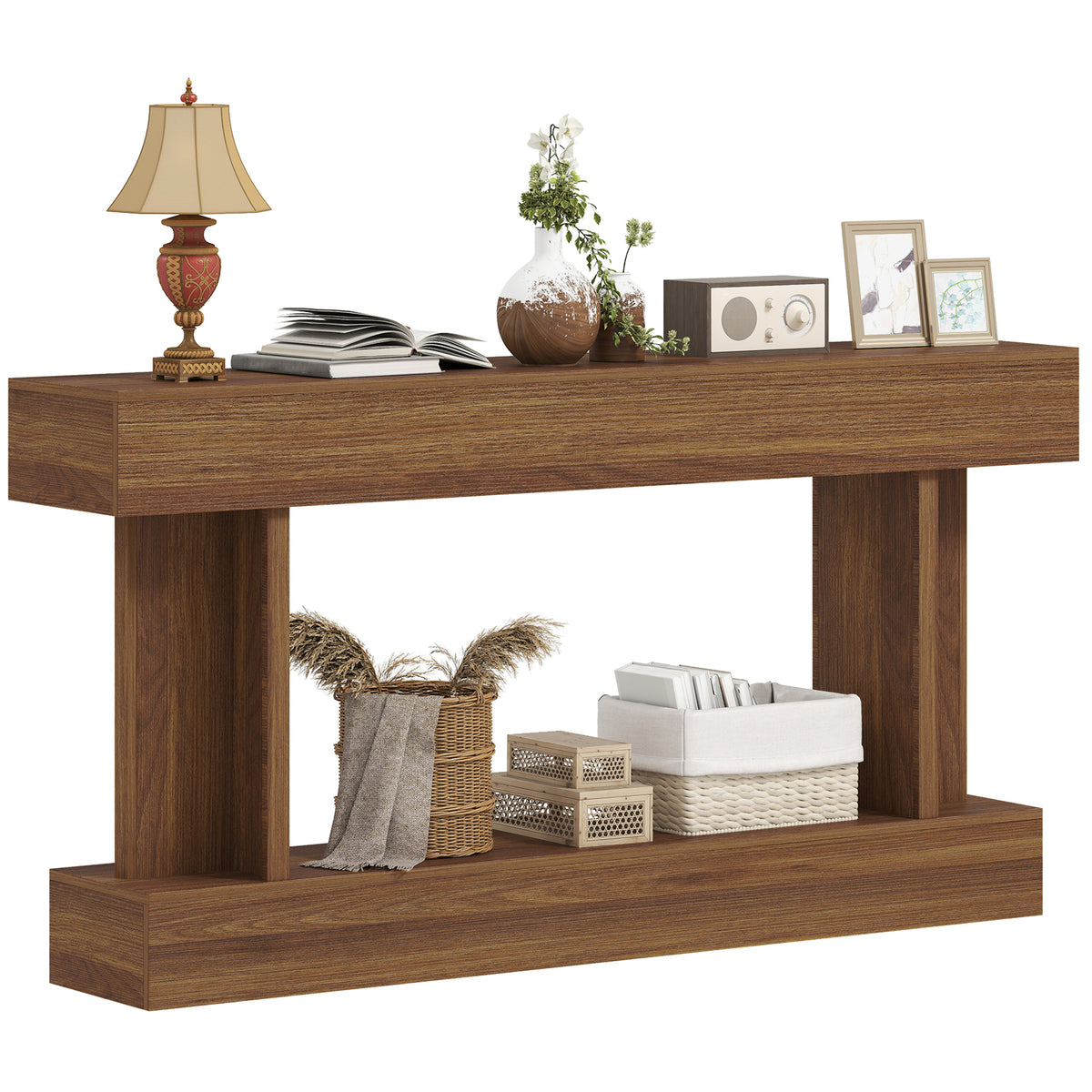 63" Long Vintage Console Table with Storage Shelf, Dark Brown