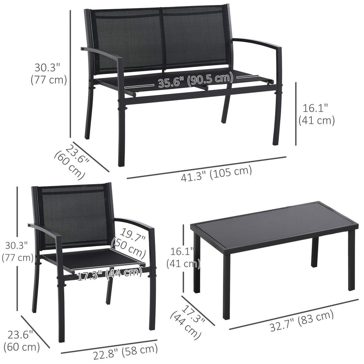 4-Piece Patio Furniture Set with Glass Top Coffee Table, Breathable Mesh Seat & Backrest for Garden, Balcony