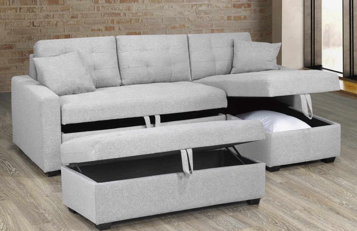 Versatile Light Grey Storage Sectional Sofa with Pull-Out Bed and Ottoman