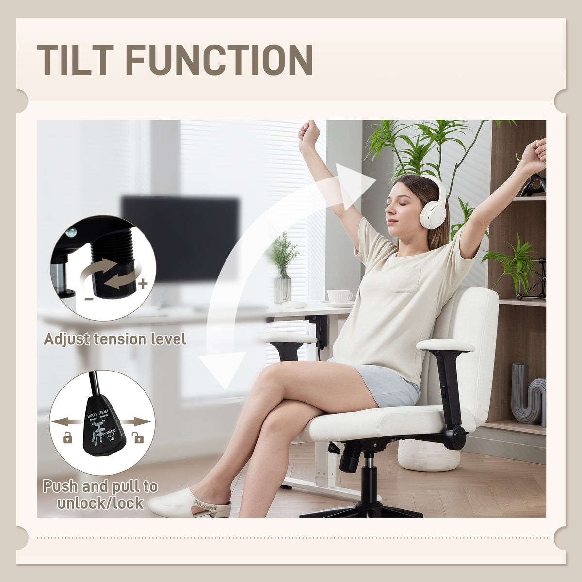 Criss Cross Chair with Flip-up Armrests, Wheels, Cream White