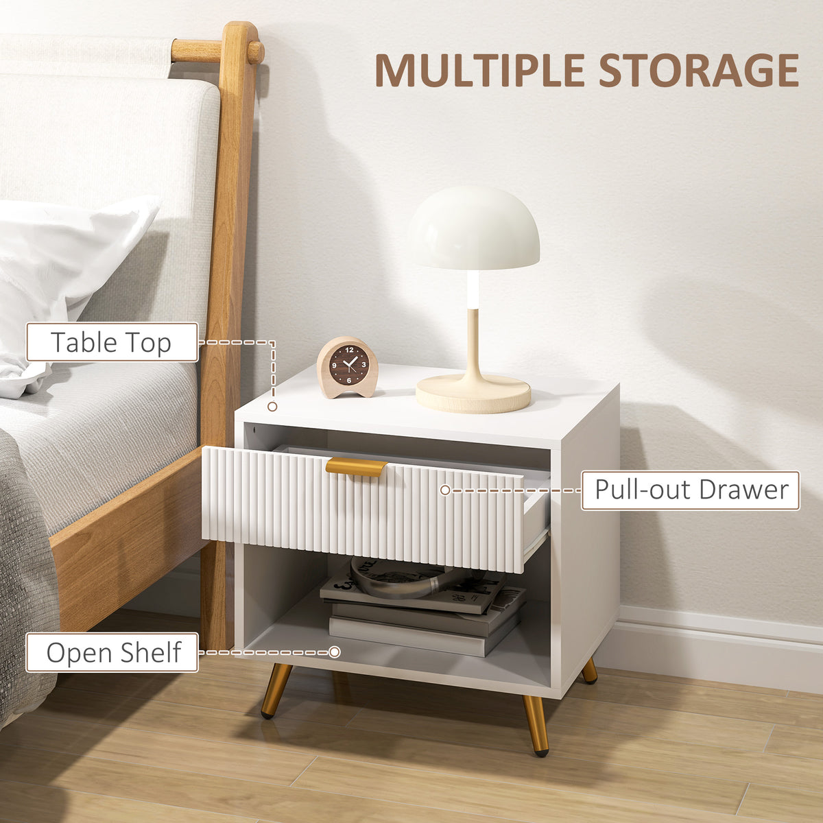 Fluted Panel Nightstand with Drawer and Open Shelf – 20"W x 19"H