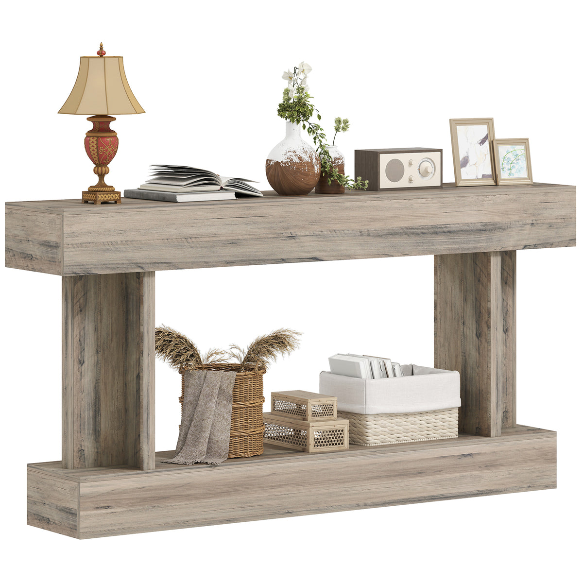 63" Long Vintage Console Table with Storage Shelf, Light Brown