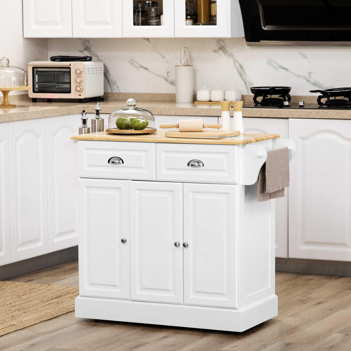 Rolling Kitchen Island with Rubberwood Top and Towel Rack – 43"W x 36"H