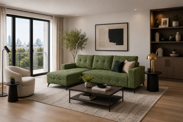 LHF Sectional Sleeper Green Convertible Pull‑Out