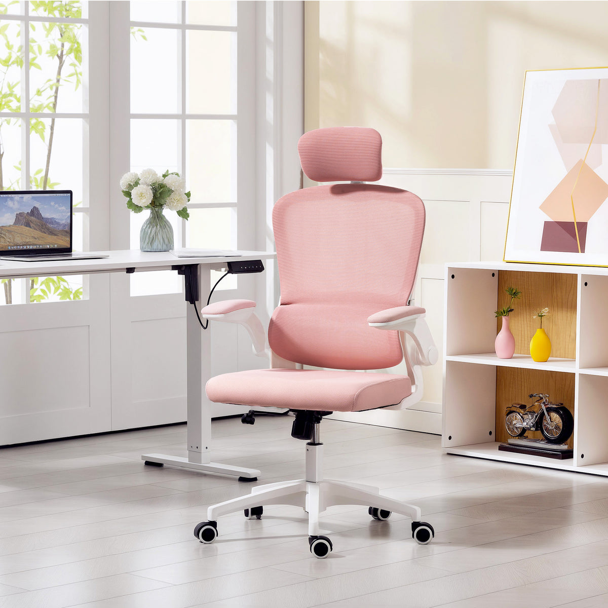 Ergonomic Mesh Office Chair, High Back Desk Chair with Rotatable Headrest, Pink