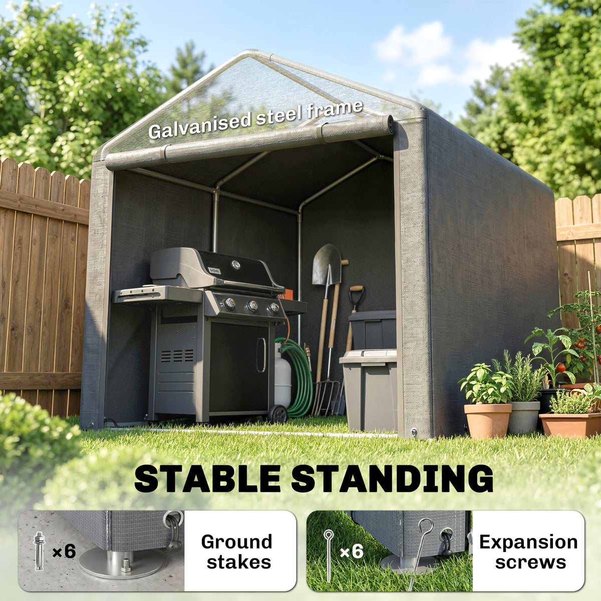 Portable Bicycle Shed with Galvanised Steel Frame and Large Door, Waterproof Outdoor Shed for Garden Tools – Light Grey