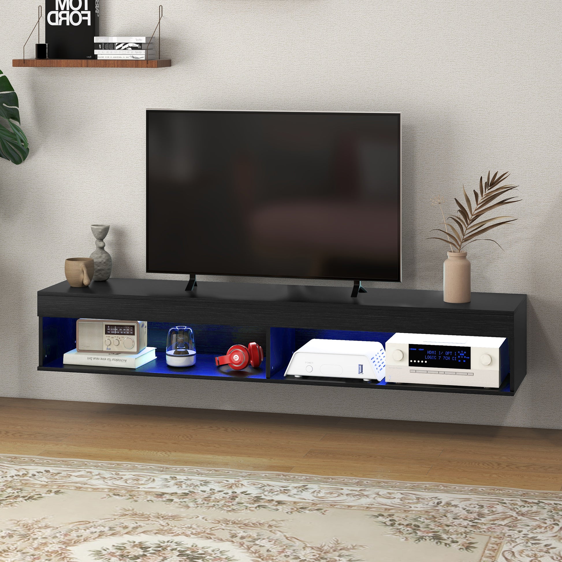 HOMCOM Modern Floating Wall Mounted TV Stand with LED Lights, Storage, Black