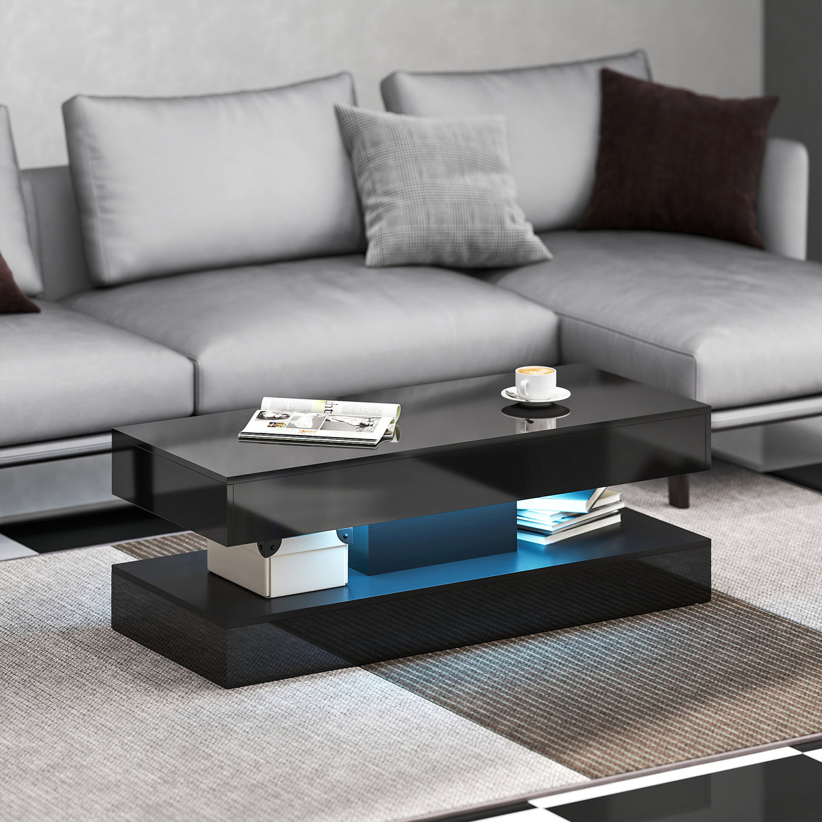 Coffee Table with Adjustable RGB LED Lights, 2 Drawers, Open Shelf and Remote