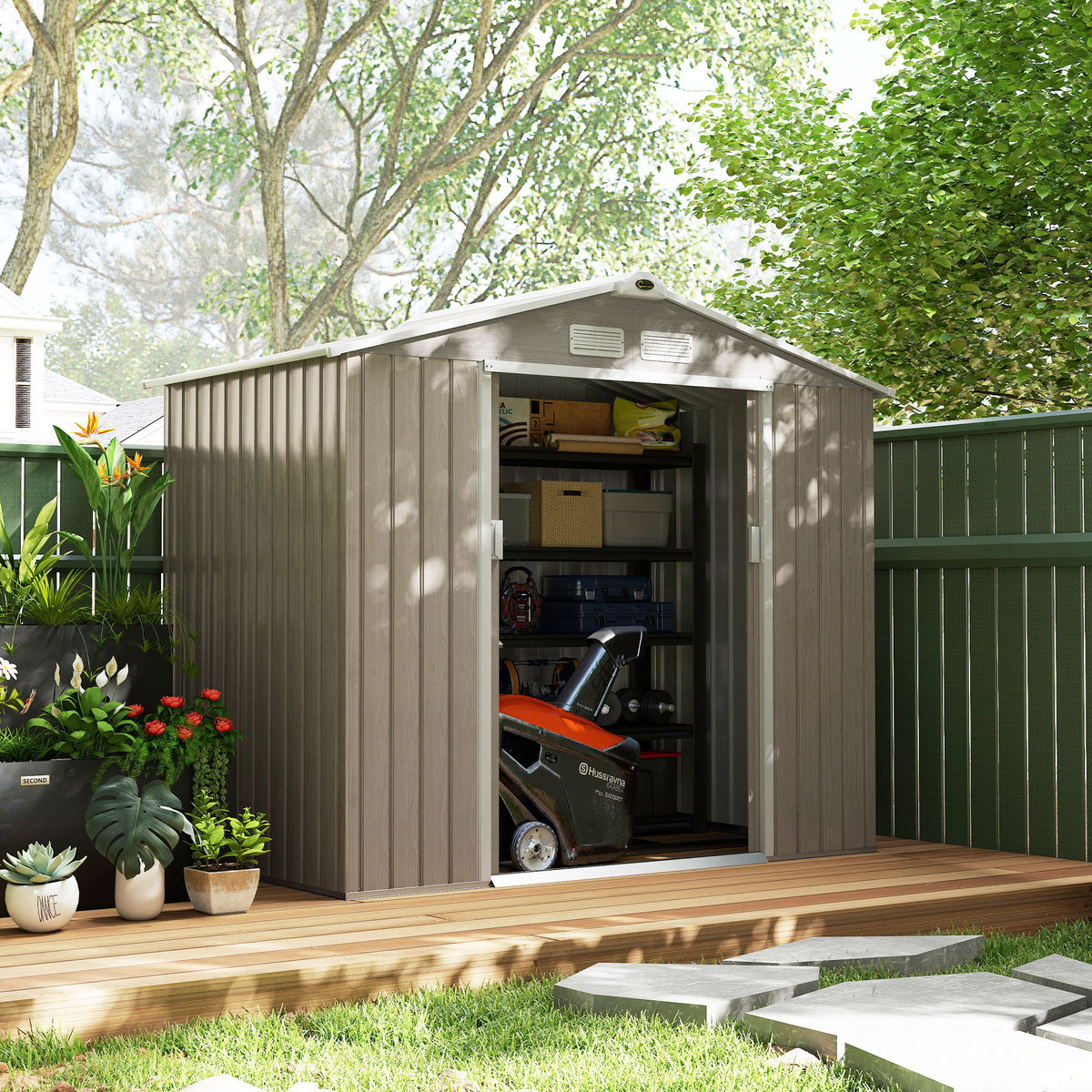 7'x 4'x 6' Garden Tool Shed Metal Storage Shed w/ Foundation Kit, Vents and Double Doors – Brown