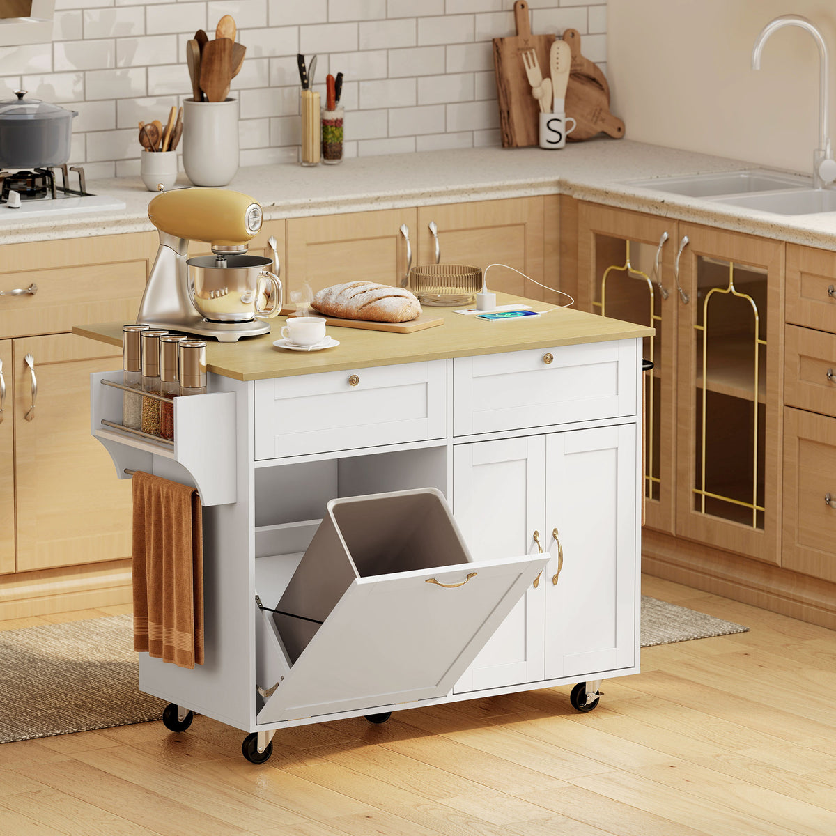 Kitchen Island Cart with Charging Station and Drop Leaf – 51"W x 35"H