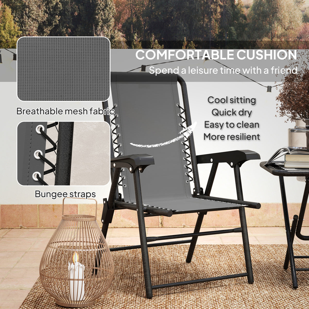 3 Pieces Patio Bistro Set, Outdoor Folding Table and Chairs Set, Metal Patio Furniture Set with Cup Holders – Dark Grey, Black