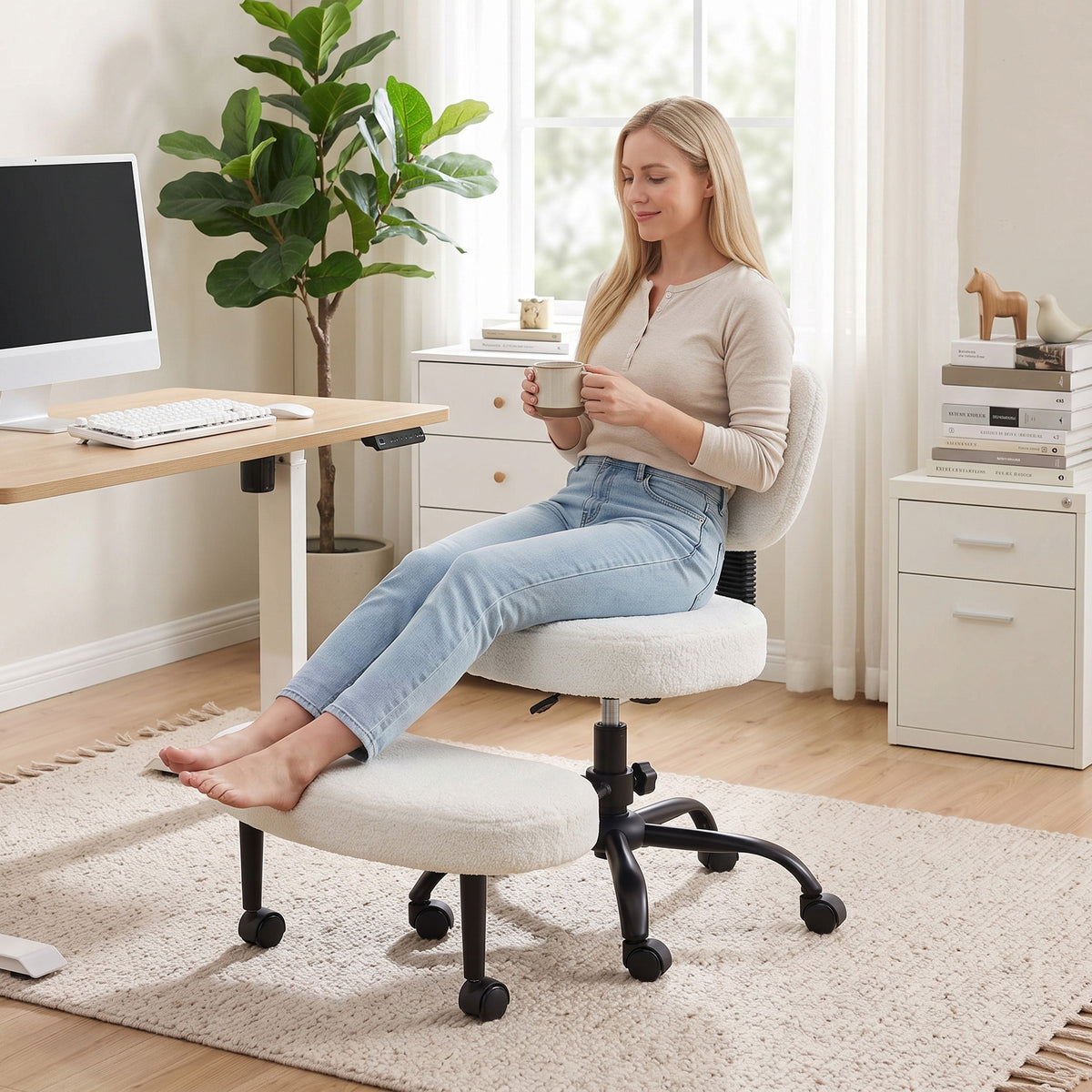 Ergonomic Cross Legged Office Chair with Removable Footrest, Cream