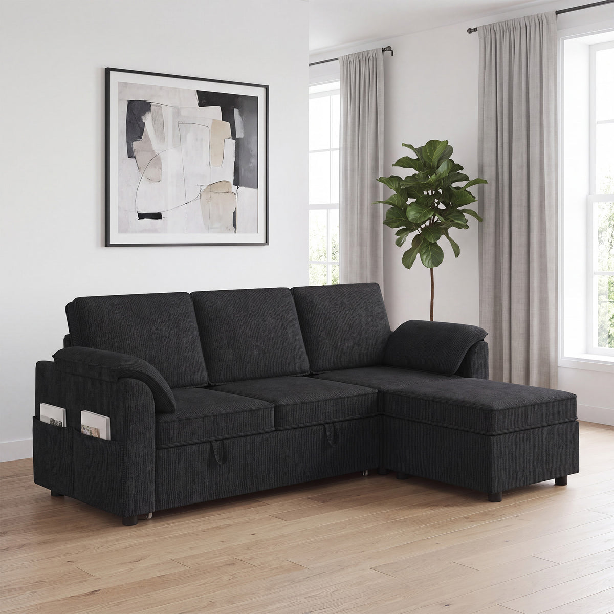 Reversible Pull-Out Sleeper Sectional with Storage Ottoman