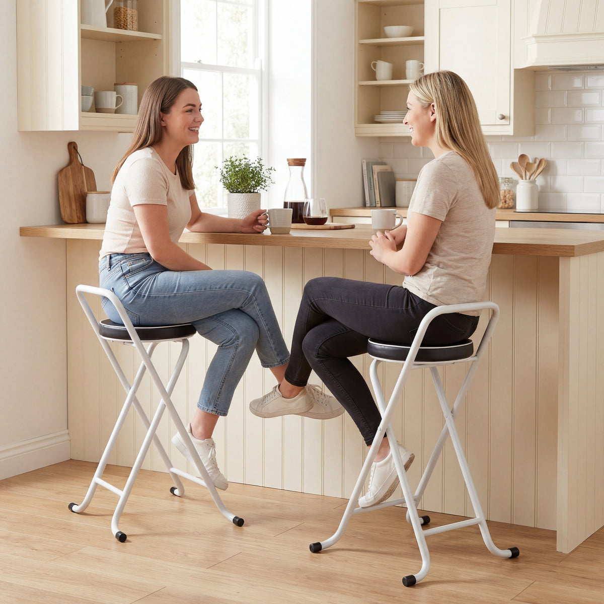 Foldable Bar Stools with Cushioned Seat and Footrest, Set of 2, Black