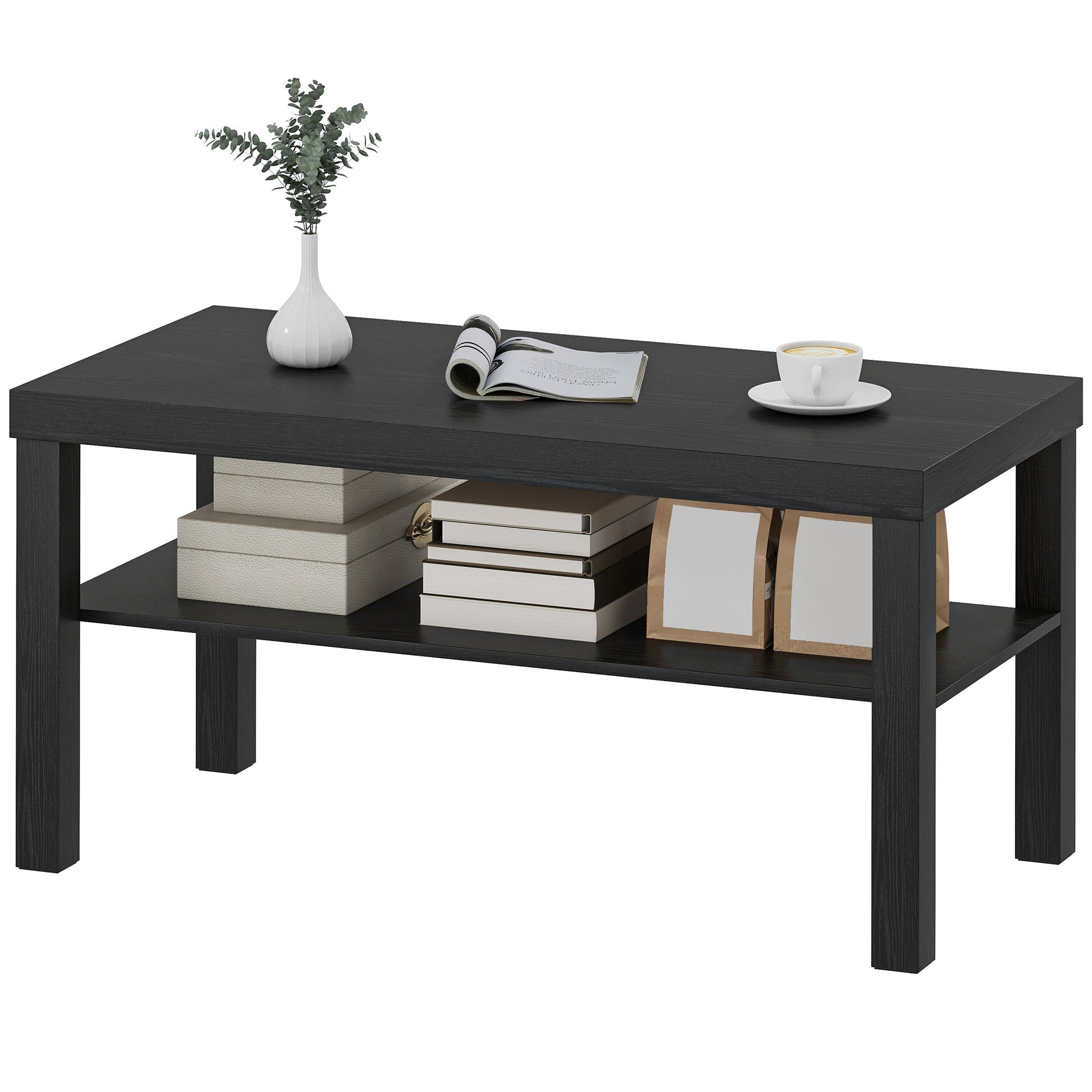 HOMCOM Modern Black 2-Tier Rectangular Coffee Table with Storage Shelf