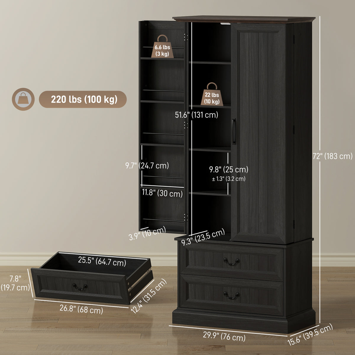 LED Kitchen Pantry Cabinet with 10 Door Shelves and 2 Drawers – 30"W x 72"H