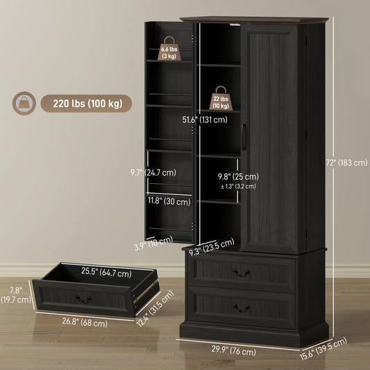 LED Kitchen Pantry Cabinet with 10 Door Shelves and 2 Drawers – 30"W x 72"H