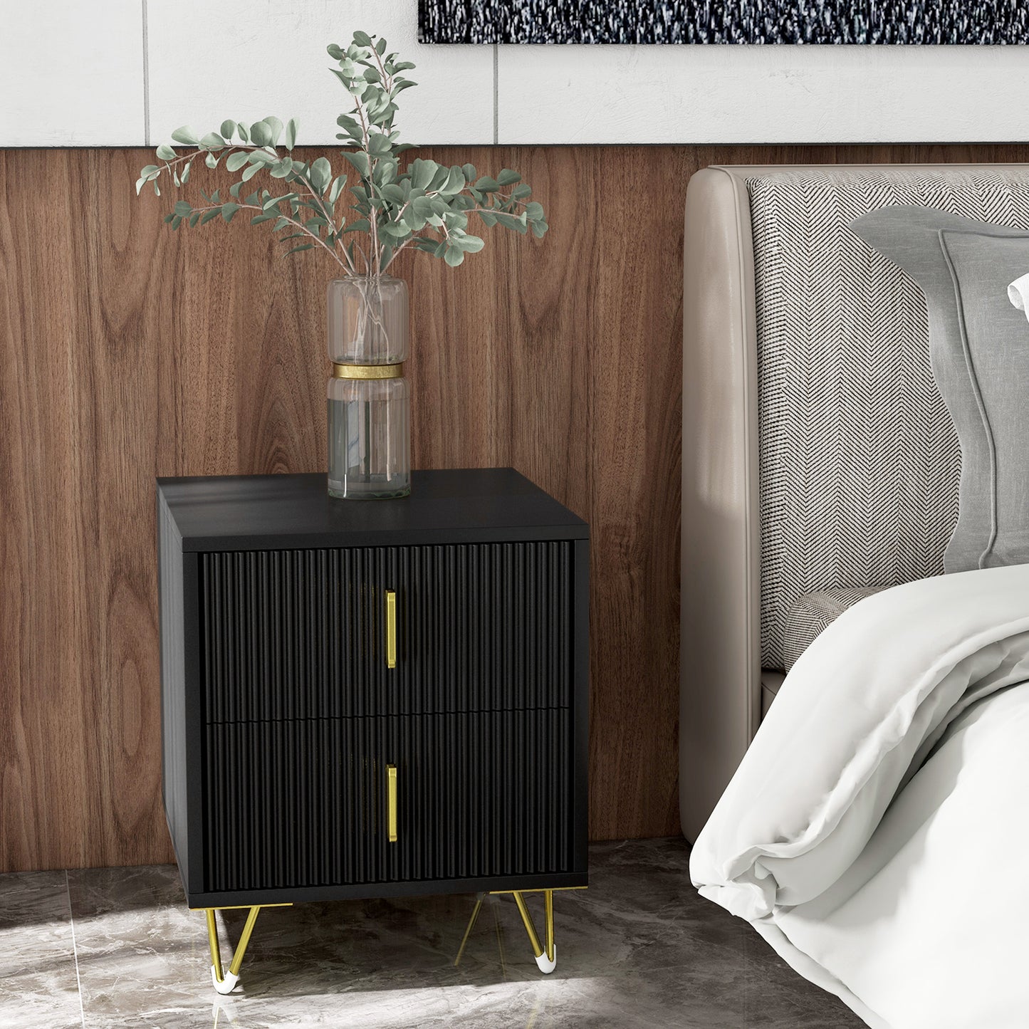 HOMCOM Modern Black 2-Drawer Bedside Nightstand, Fluted Fronts, Golden Metal Legs