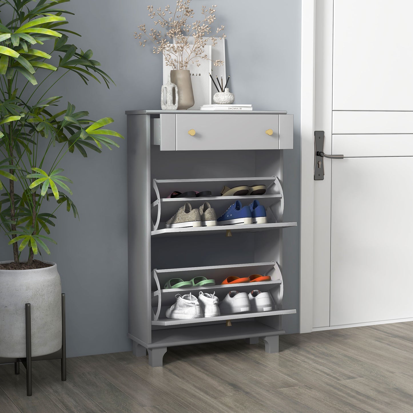 HOMCOM Slim Grey Shoe Storage Cabinet with 2 Flip Drawers, Adjustable Shelves, 8 Pair Capacity