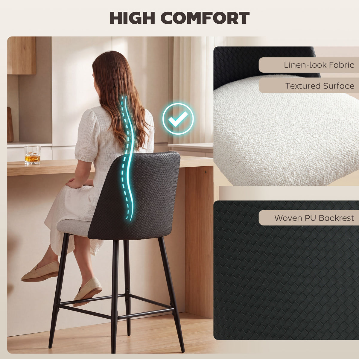 Two-Tone 26" Counter Stools with Woven PU Backrest, Set of 2, Black