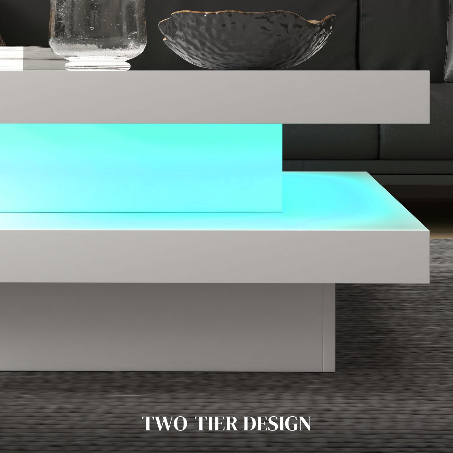 Modern Square Coffee Table with RGB LED Lights, Remote Control, 2-Tier Storage, White