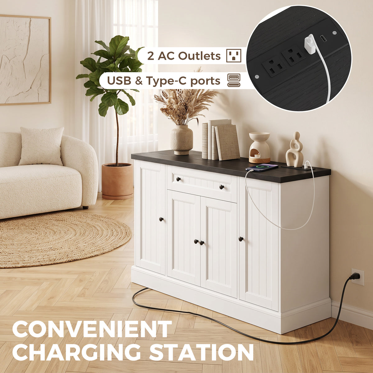 Farmhouse Sideboard Buffet Cabinet with Charging Station – 47"W x 31"H