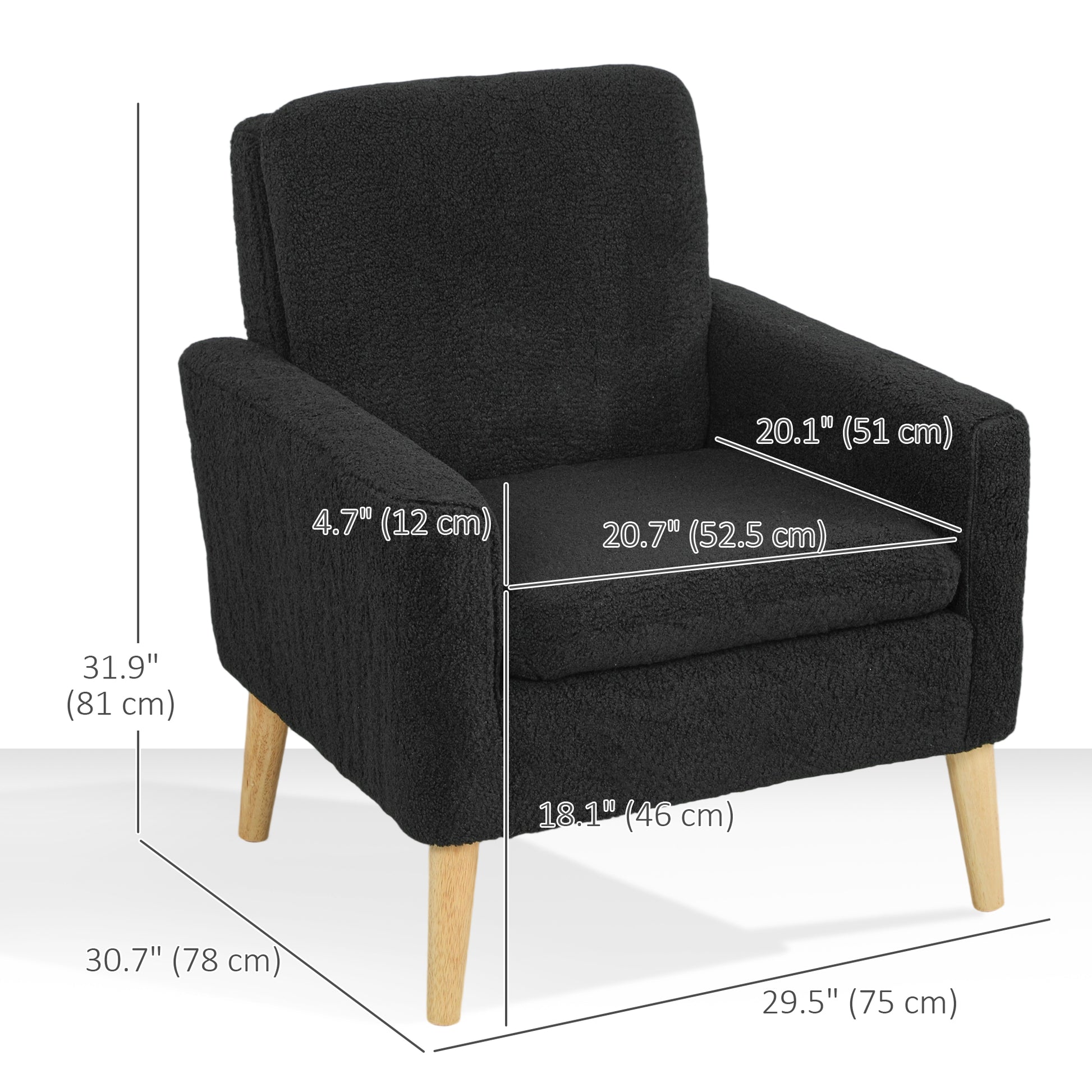 HOMCOM Modern Upholstered Black Fabric Accent Chair with Wood Legs