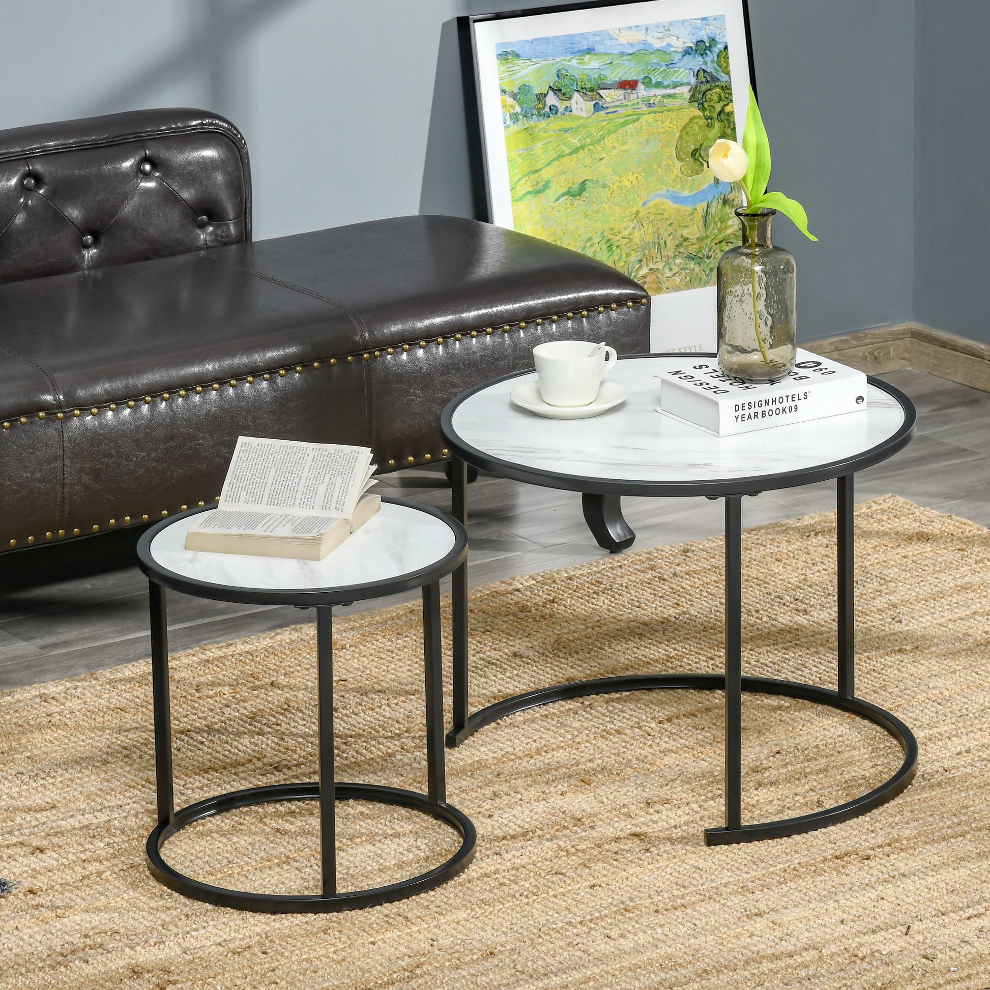 HOMCOM Round Nesting Coffee Table Set, Modern Faux Marble Top, Steel Frame, 2-Piece