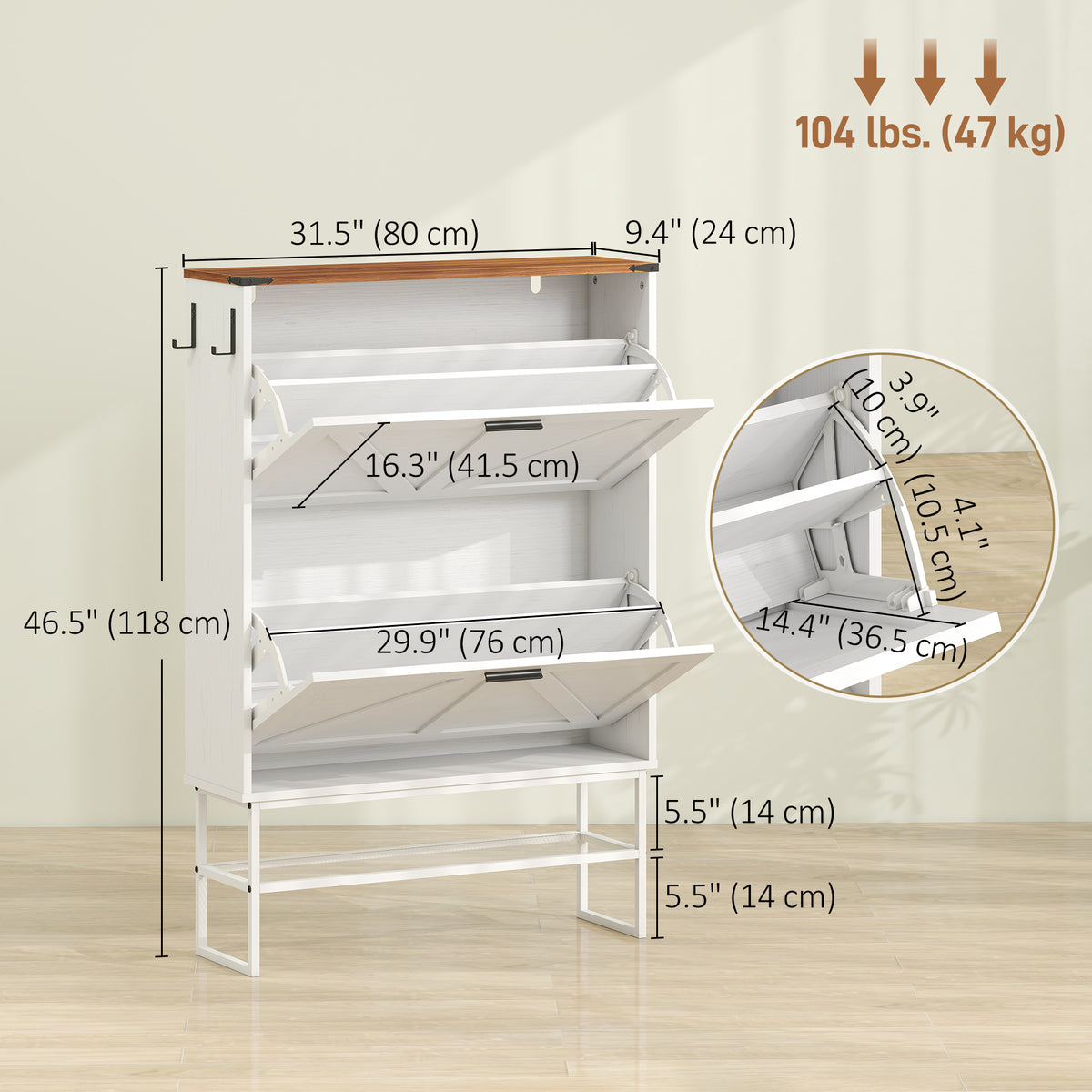 Narrow Shoe Storage Cabinet with 2 Flip Drawers – 31"W x 46"H