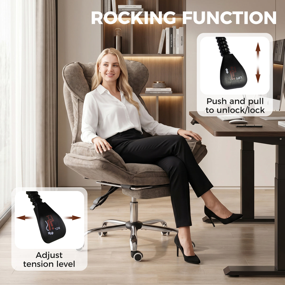 Big and Tall Office Chair with Footrest, High Back Snowflake Velvet Reclining Executive Desk Chair, Brown