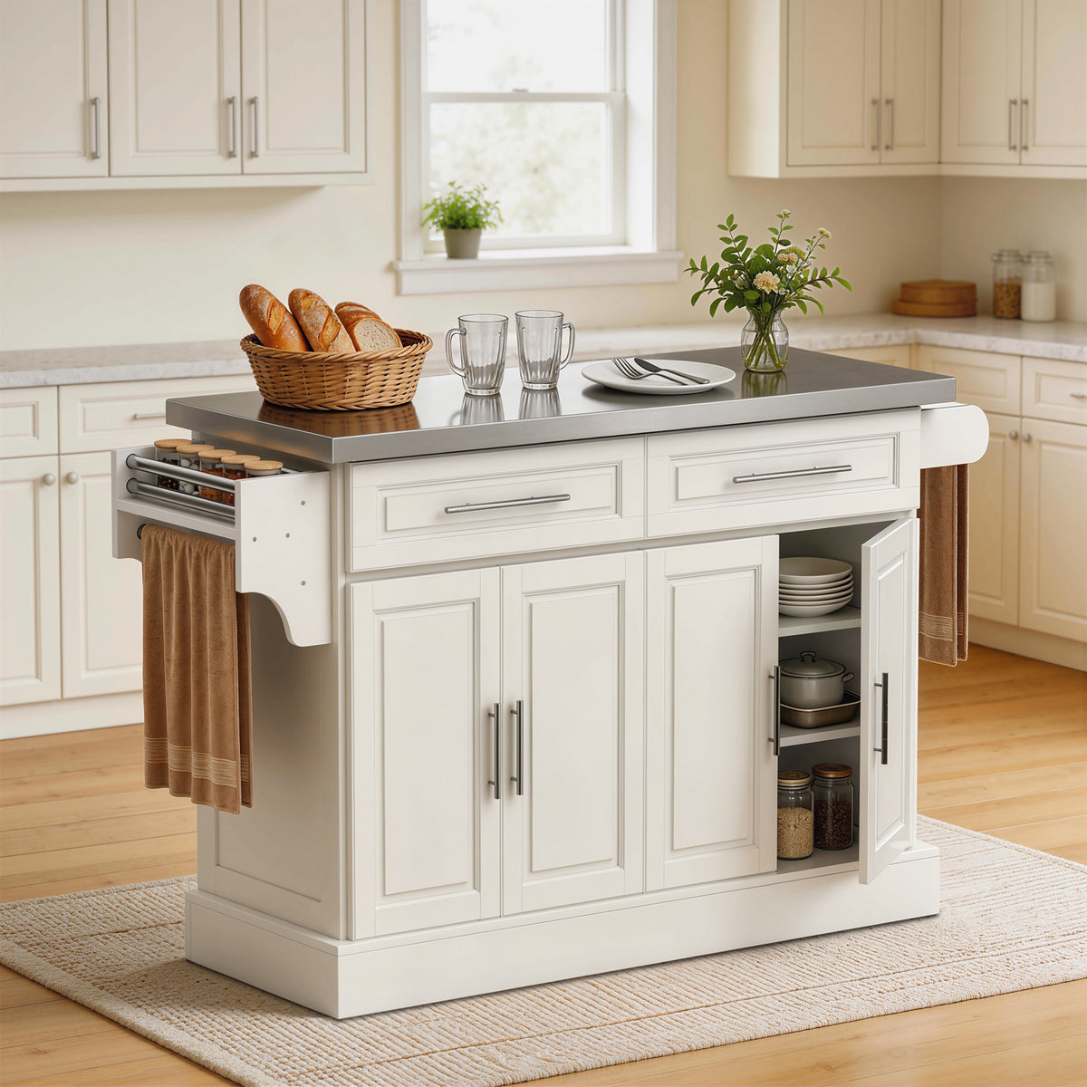 Rolling Kitchen Island with Stainless Steel Top – 57"W x 37"H