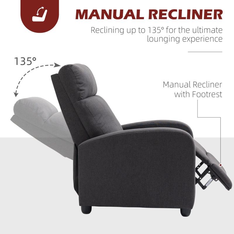 HOMCOM Manual Fabric Recliner Armchair, Padded Single Sofa, Dark Grey