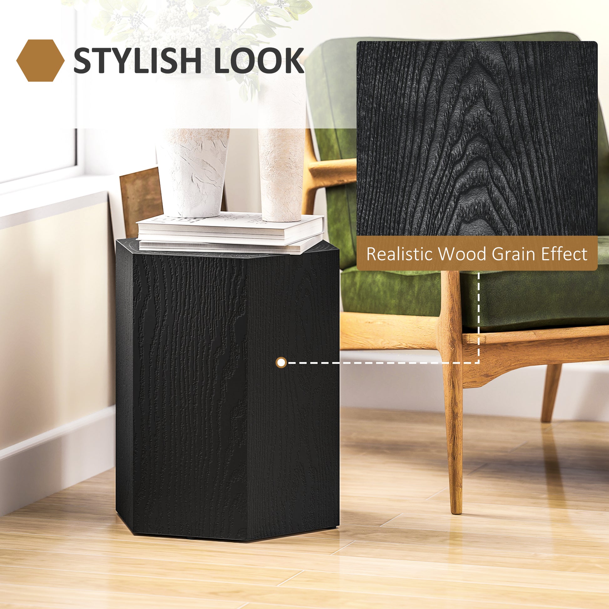 HOMCOM Hexagonal Side Table, Small End Table with Adjustable Feet, Black Wood Grain