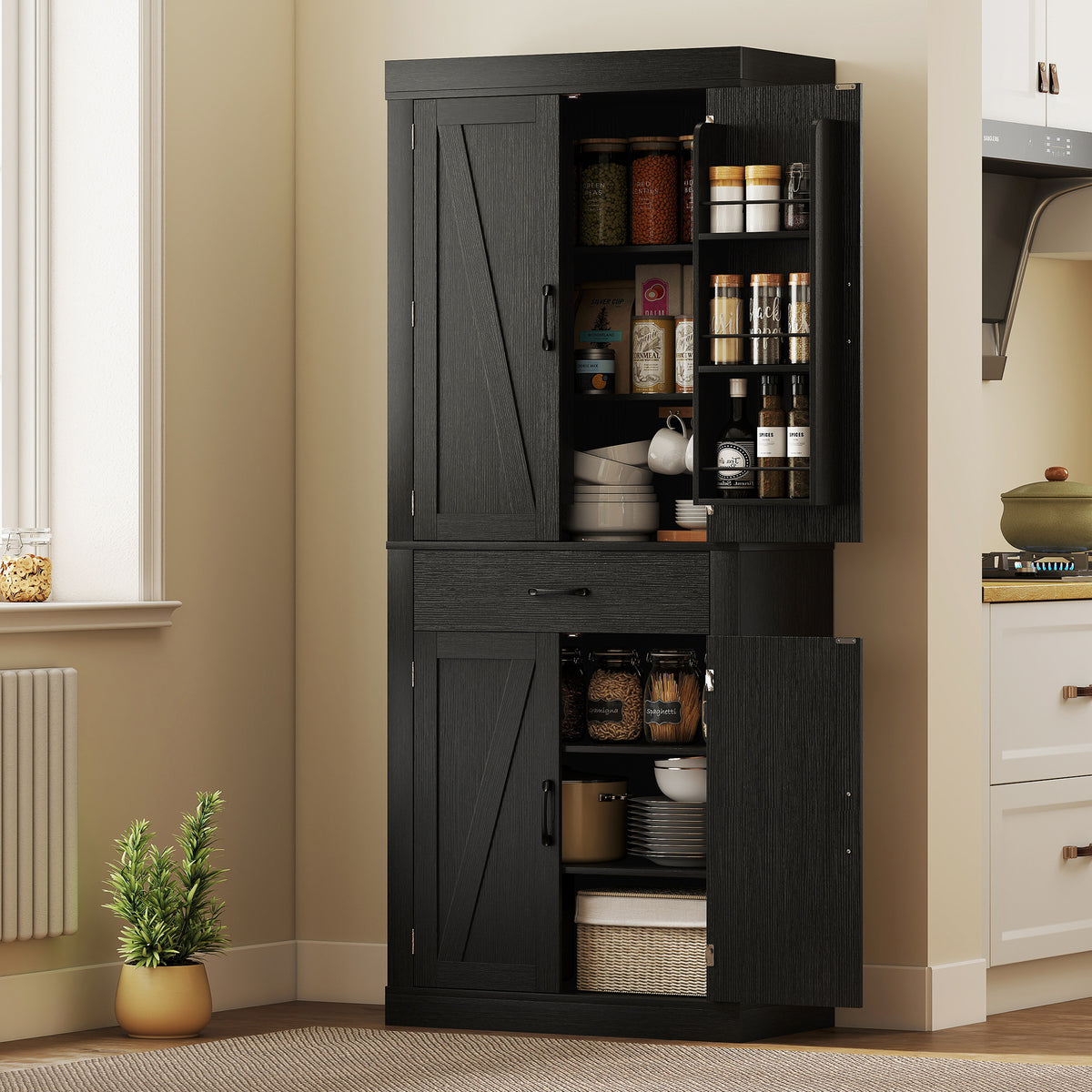 Farmhouse Kitchen Storage Cabinet with 4 Barn Doors – 30"W x 72"H