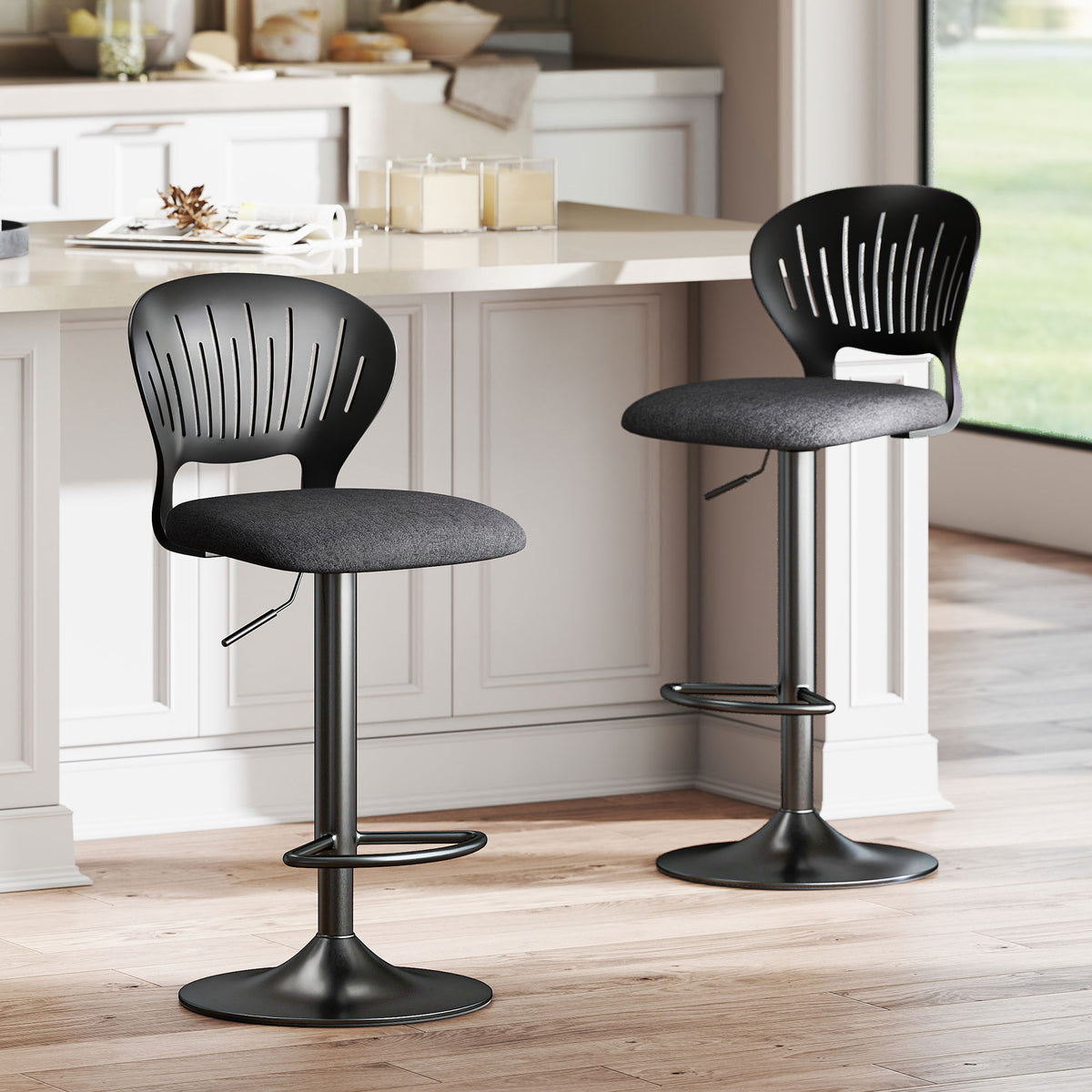 Linen-Look Swivel Counter Stools with Hollow Backrest and Footrest, Set of 2, Black