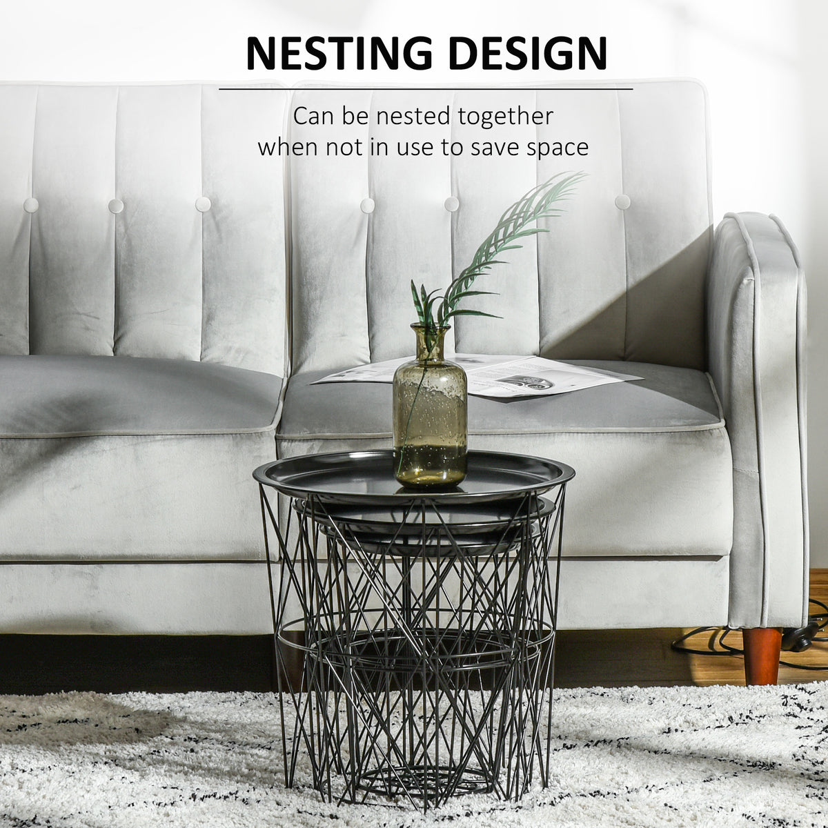 Round Nesting Coffee Tables Set of 3 with Basket Storage – Black