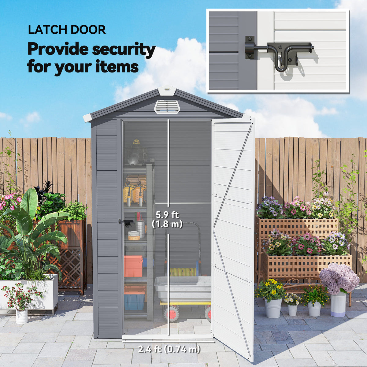 4.5' x 6' Garden Storage Shed with Latch Door, Vents, Sloped Roof – Light Grey
