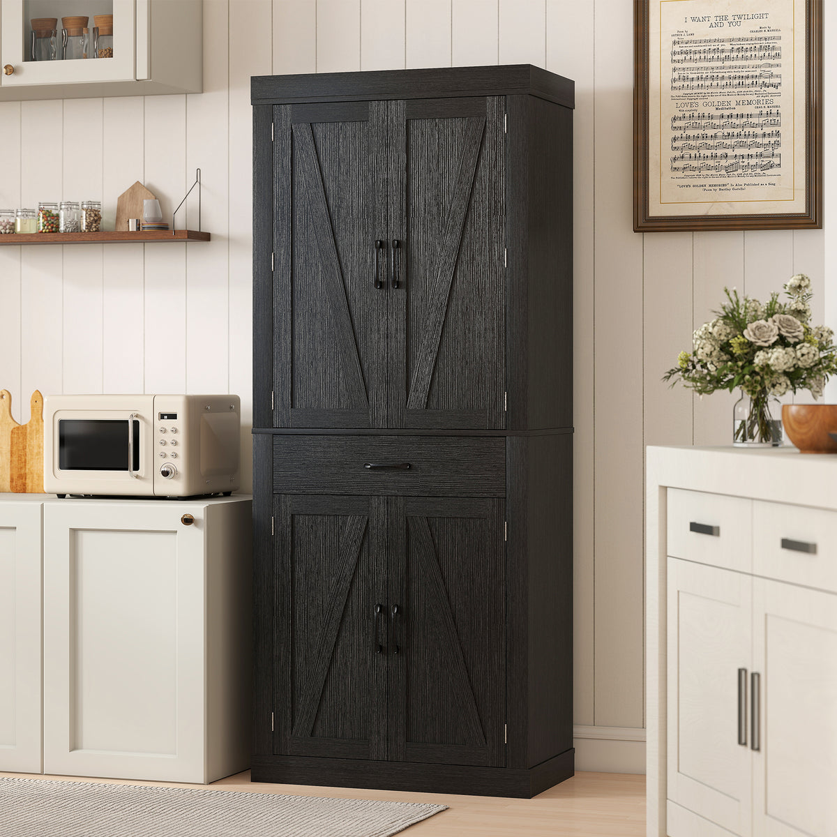 Farmhouse Kitchen Storage Cabinet with 4 Barn Doors – 30"W x 72"H