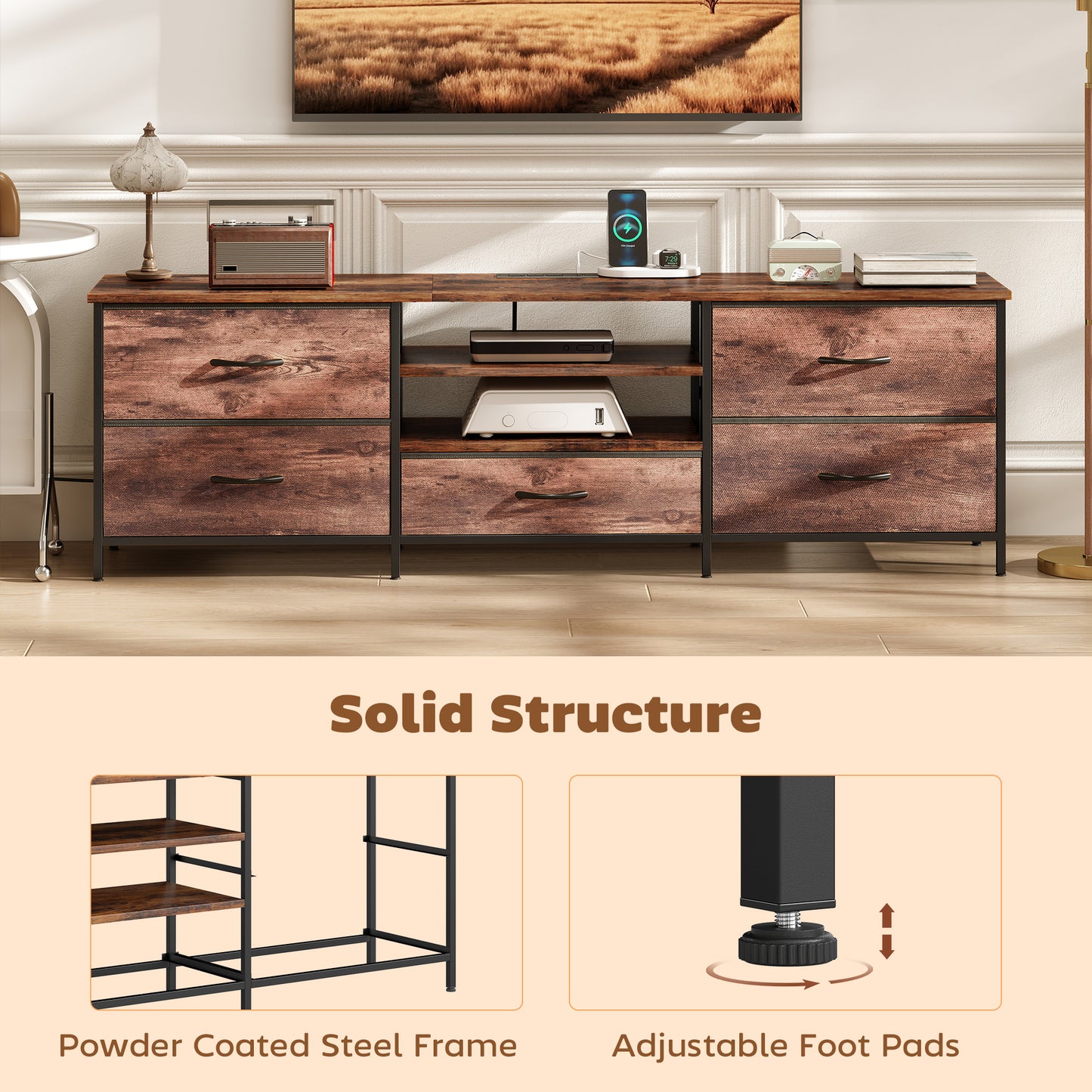 HOMCOM TV Stand for TVs up to 70 Inch, Industrial TV Console with Charging Station, 5 Drawers and Open Shelves, Rustic Brown