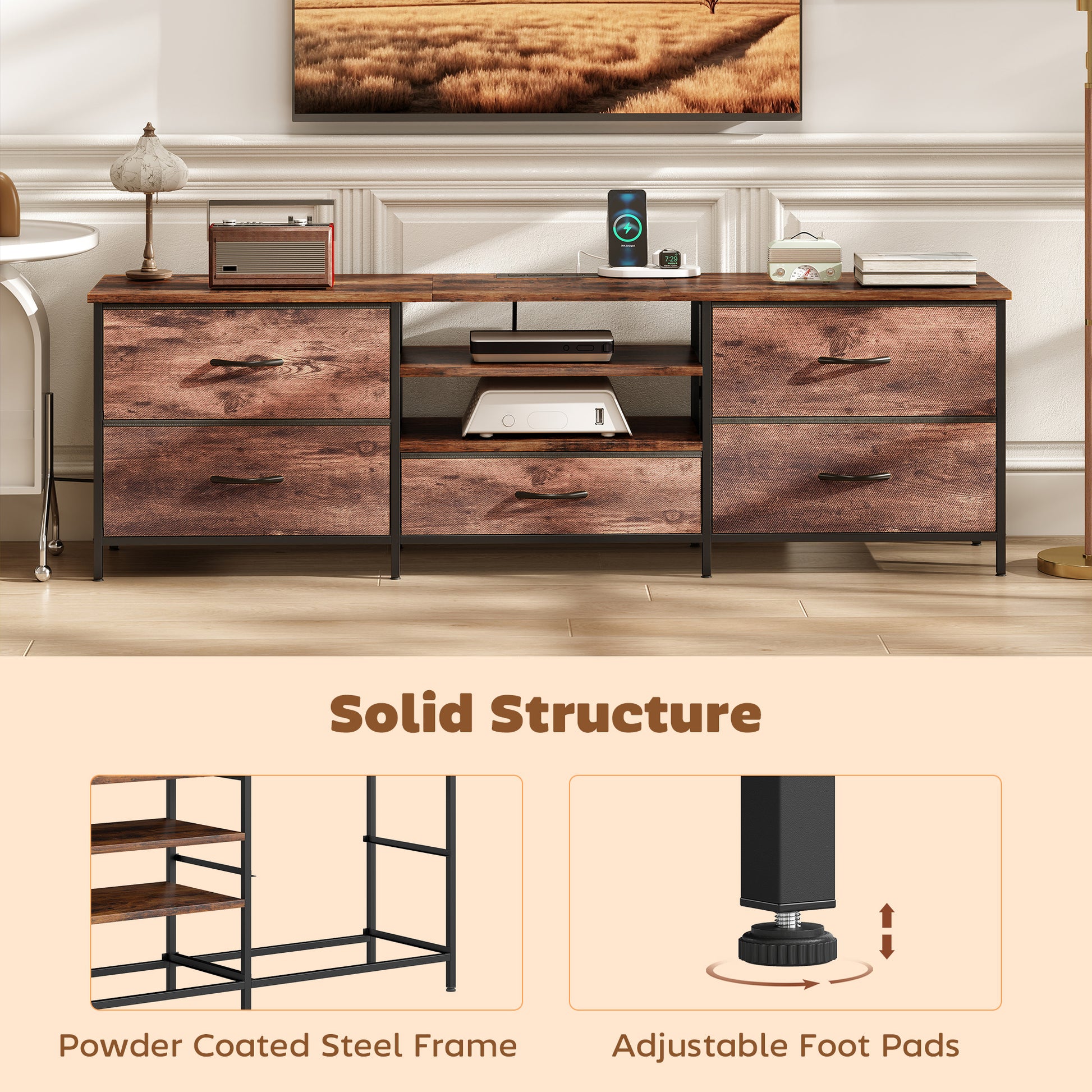 HOMCOM TV Stand for TVs up to 70 Inch, Industrial TV Console with Charging Station, 5 Drawers and Open Shelves, Rustic Brown