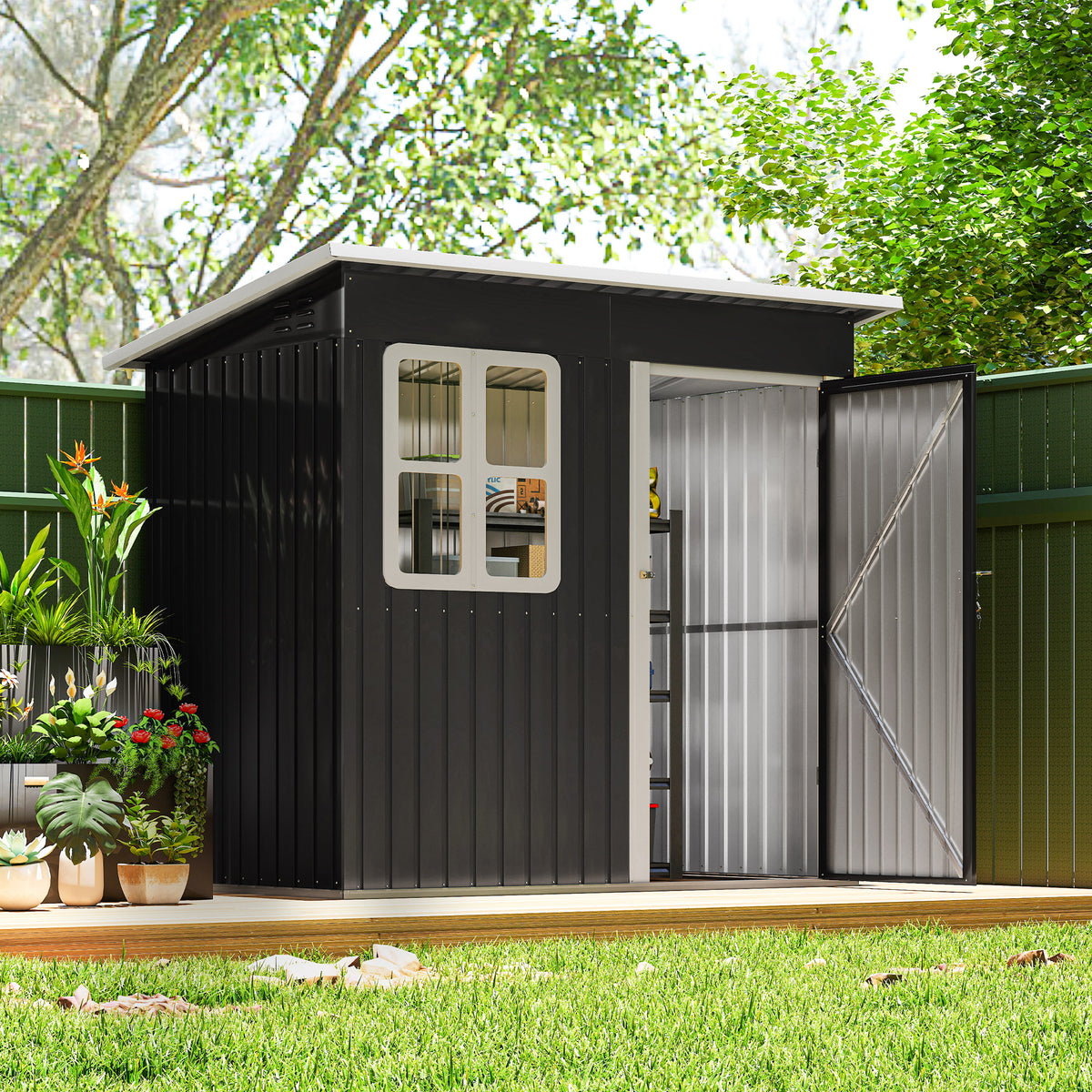 7' x 4' Galvanised Steel Outdoor Storage Shed, Garden Shed with Window, Lockable Wide Door and Air Vents – 83.1" W x 52.4" D x 68.1" /74.8" H