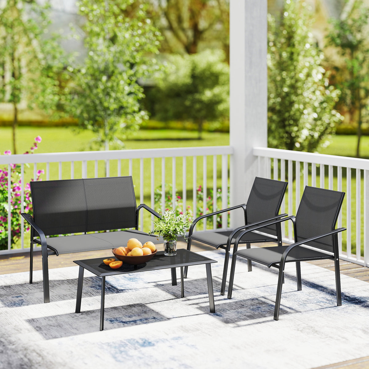 4 Piece Patio Furniture Set, Outdoor Conversation Set with Deep Seat, Loveseats, Armchairs, Glass-Top Table