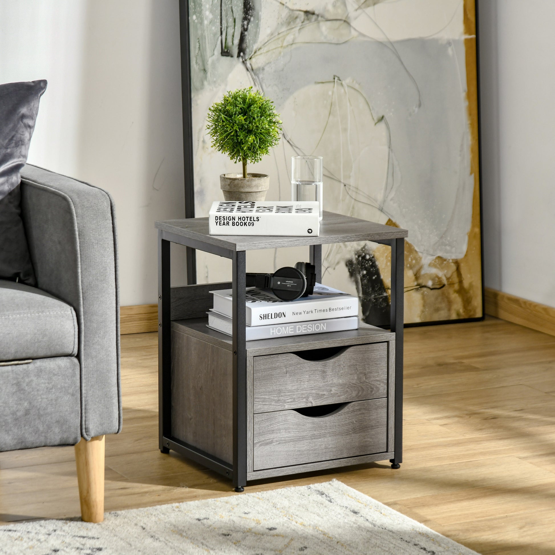 HOMCOM Industrial Grey Nightstand Side Table, 2 Drawers, Open Storage Shelf, Metal Frame