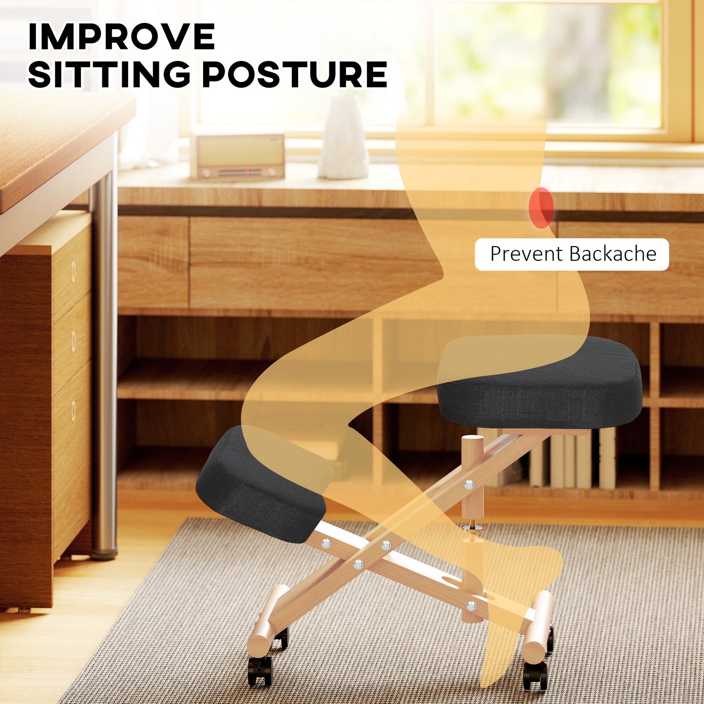 HOMCOM Ergonomic Kneeling Posture Chair: Rubberwood Frame, Rolling Wheels, Black