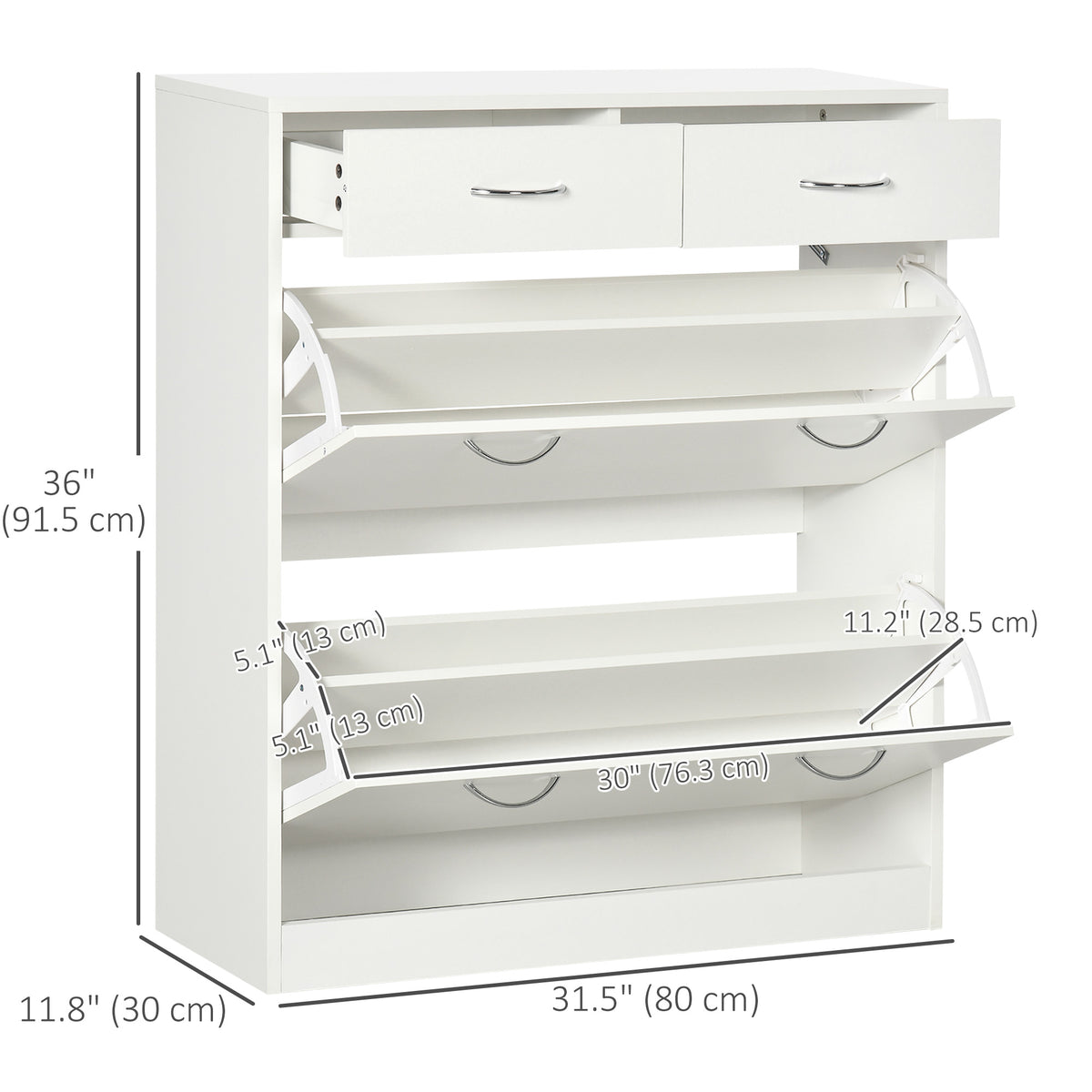 Narrow Shoe Storage with 2 Flip Drawers and Adjustable Shelves – 32"W x 36"H