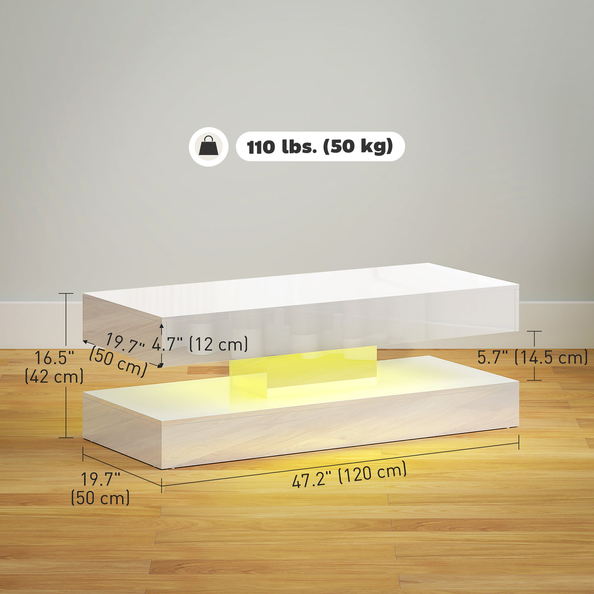 Coffee Table with Adjustable RGB LED Lights, 2 Drawers, Open Shelf and Remote