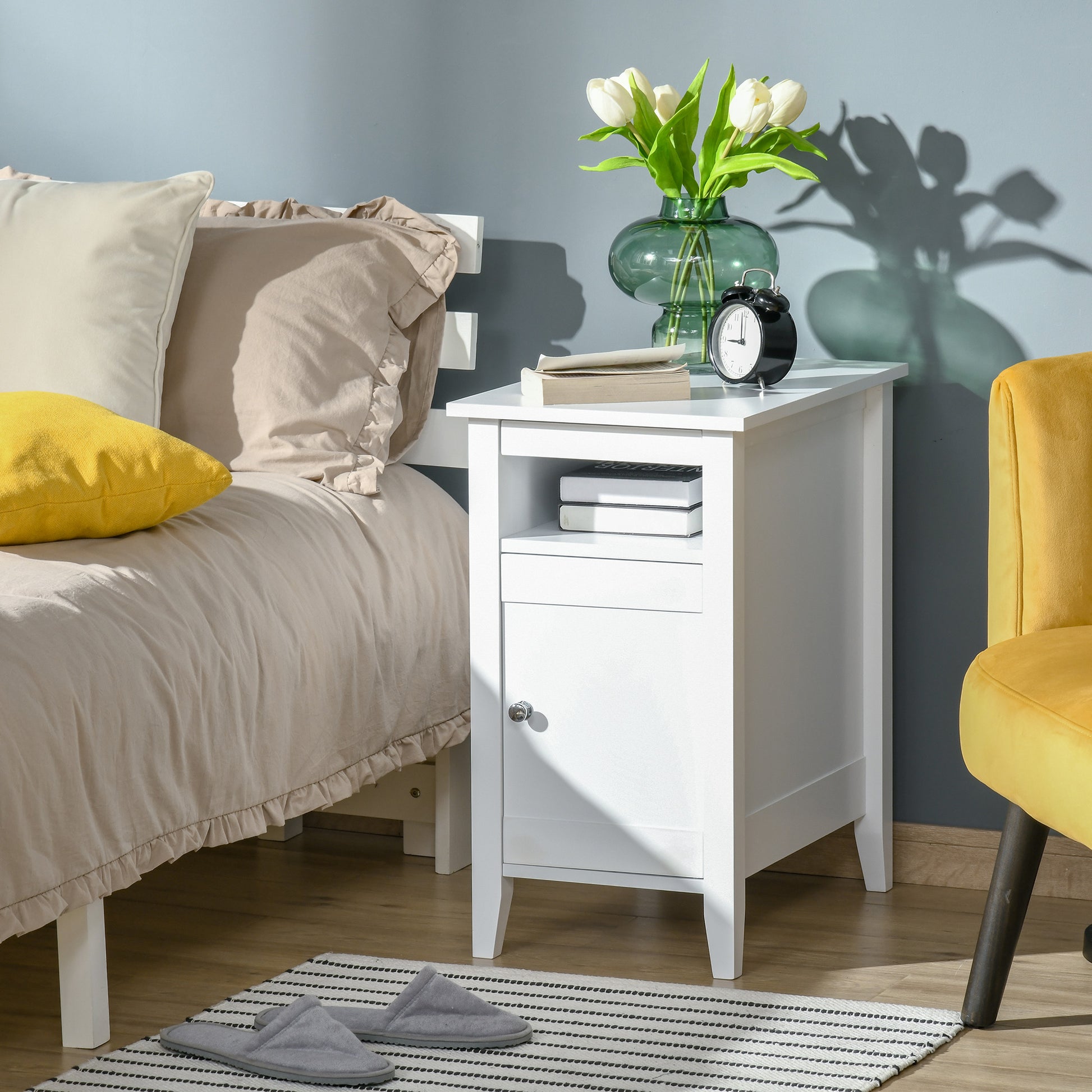 HOMCOM Modern 3-Tier Nightstand with Pullout Shelf, Adjustable Cabinet, White Wood