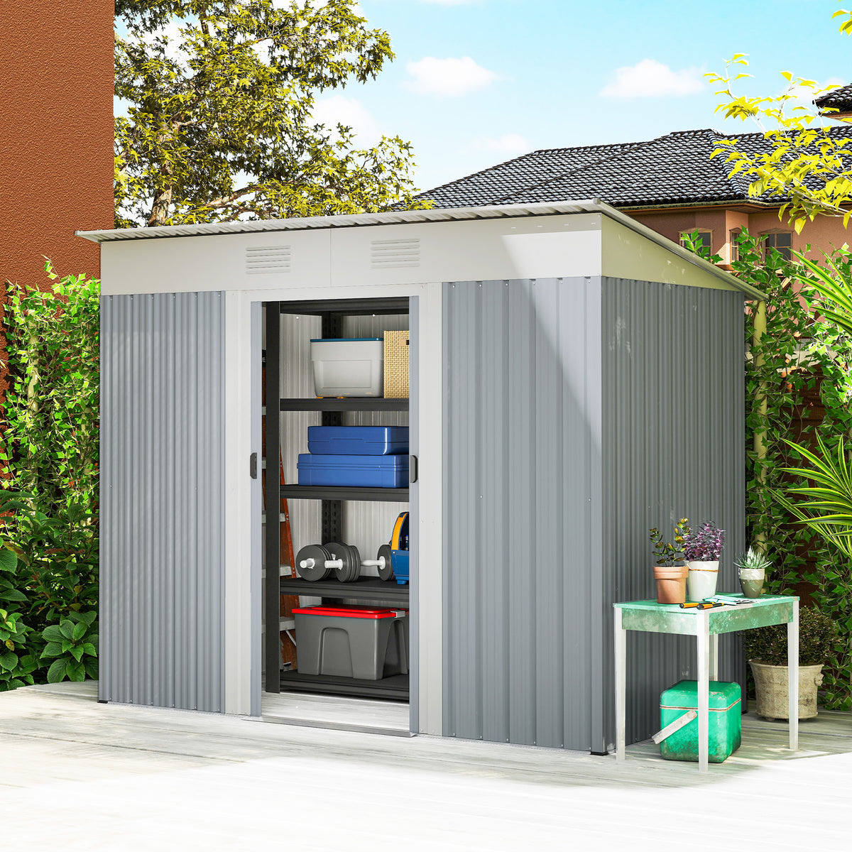 7' x 3.6' Outdoor Storage Shed, Metal Garden Tool Storage House Organizer with Lockable Sliding Doors and Vents for Backyard Patio Lawn – Grey